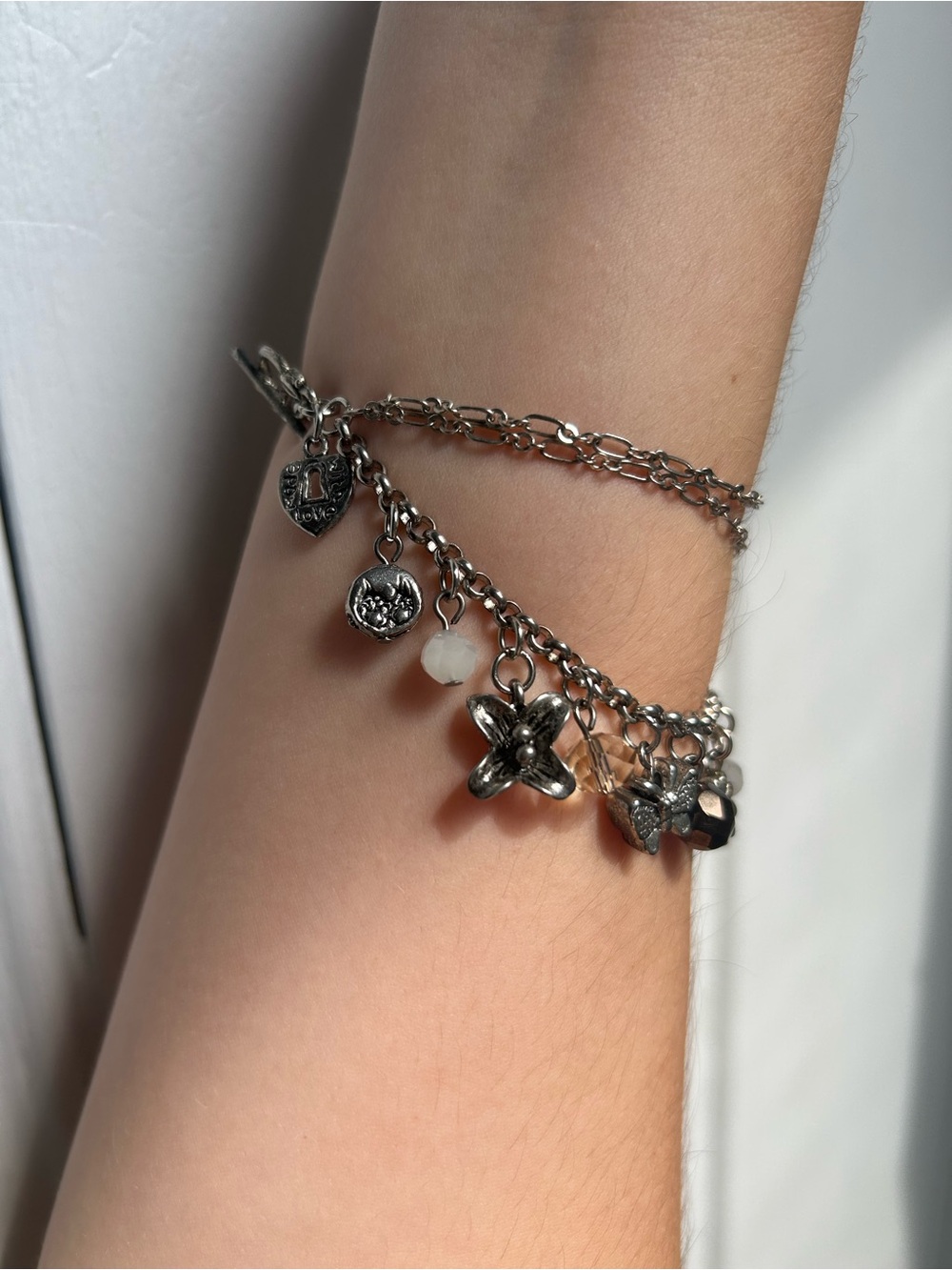Vintage Silver Floral Charm Bracelet with Crystal Accents